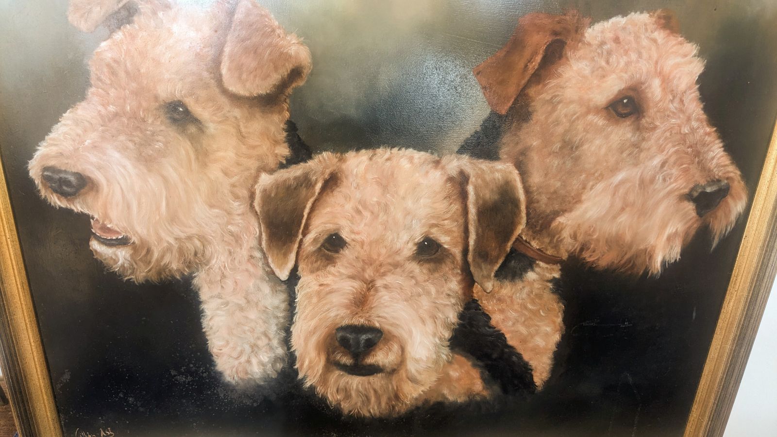 Oil Painting On Panel Of 3 Airedales, Signed Gillian Ash photo furniture