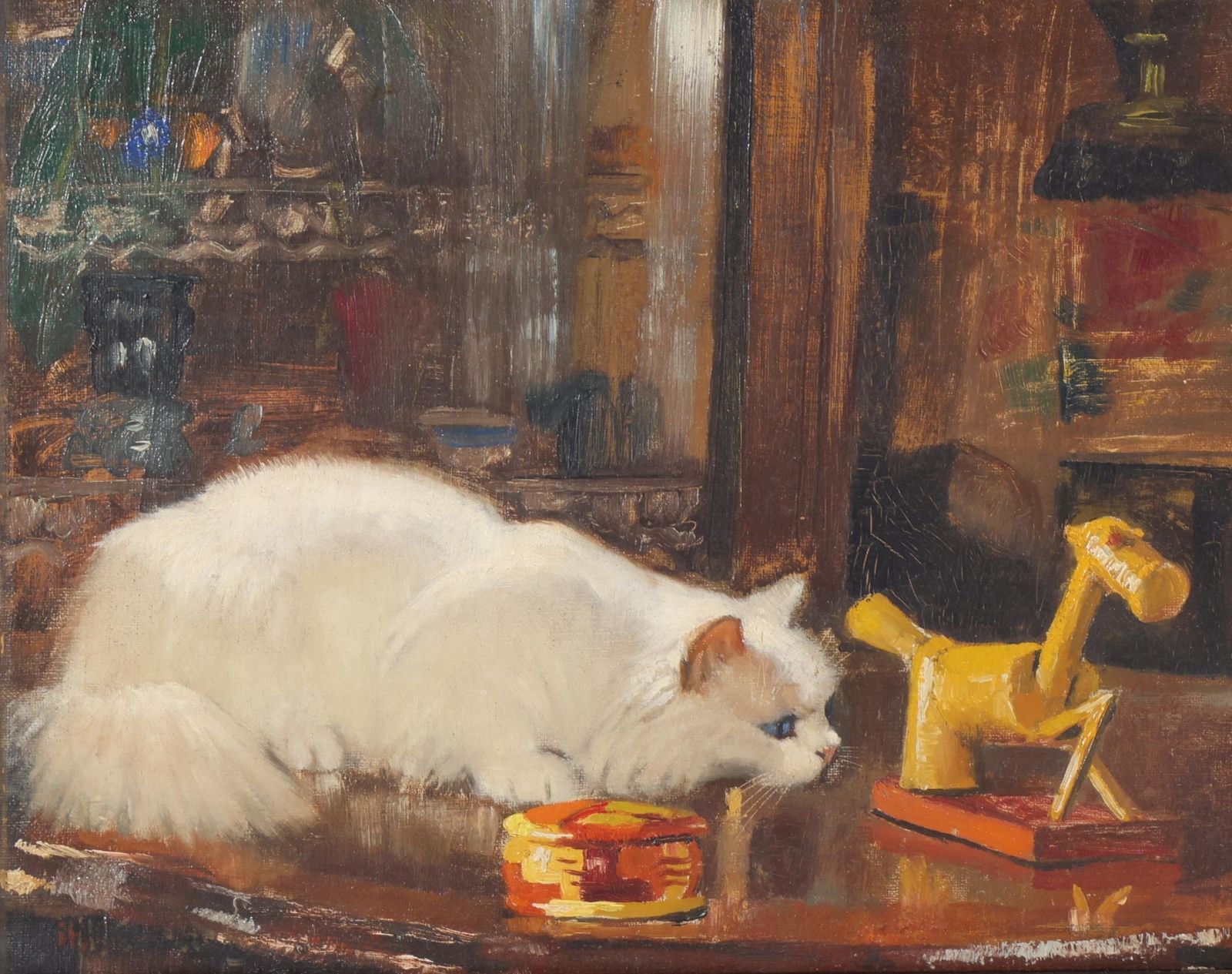 Antique Oil Painting Of A Cat Playing In A Fascinating Setting. photo for sale