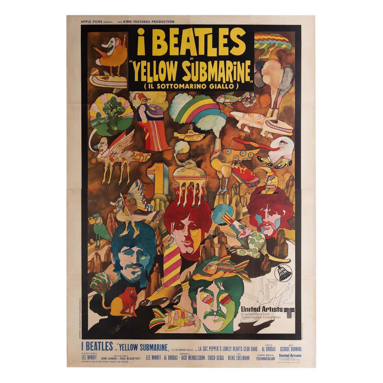 Affiche de cinéma italienne Yellow Submarine, 1968, 4 Foglio, marouflée sur toile de lin