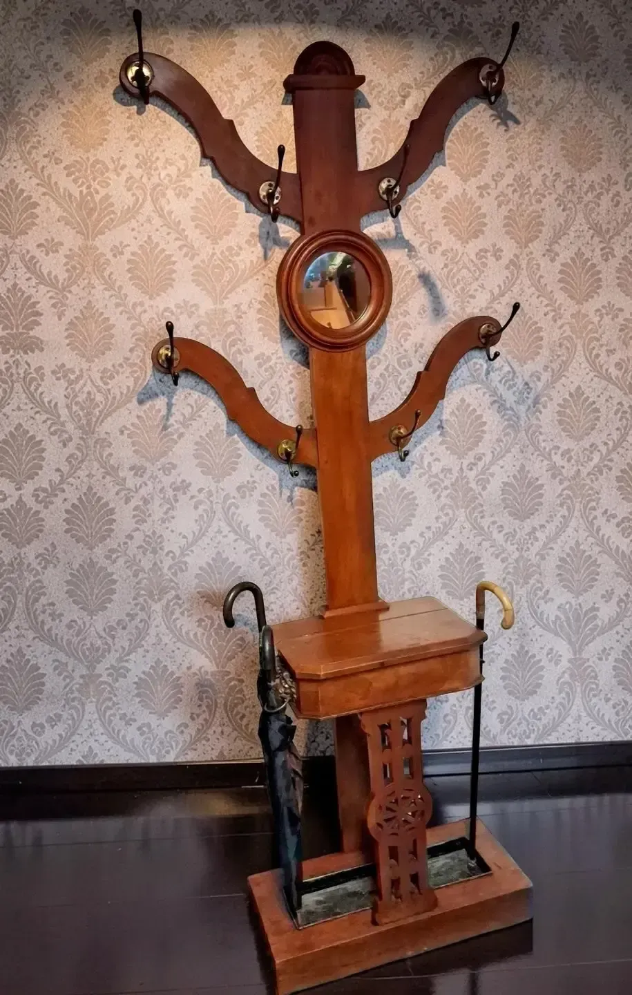 Antique Victorian Mahogany Hat Coat Tree Hall Stand With Original Brass Hooks