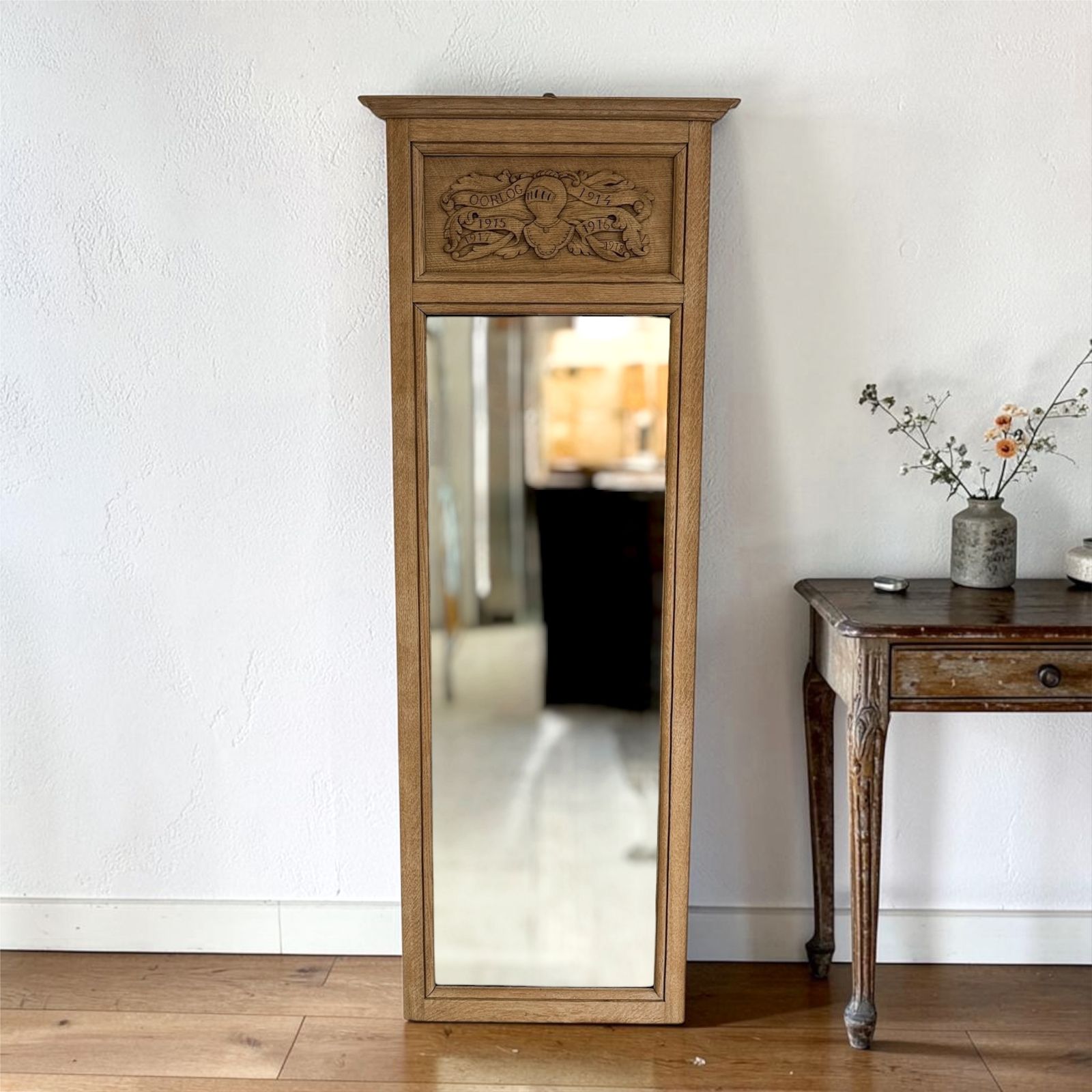 Tall Antique French Trumeau Mirror With Raw Oak Frame
