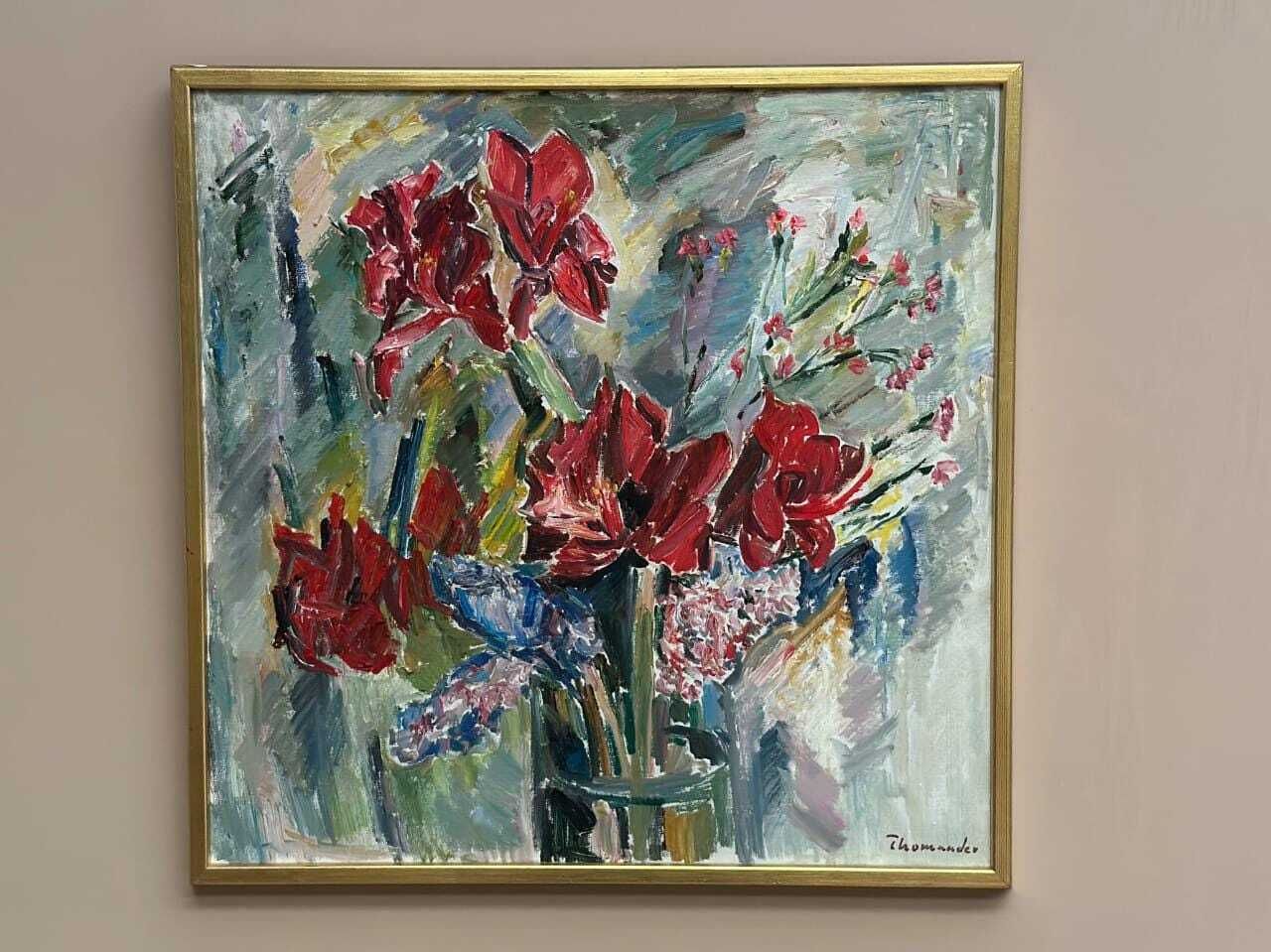 Original Swedish Oil On Canvas – “Amaryllis And Hyacinths” By Harry Thomander – Vintage & Framed – 64 × 65 Cm (25.2" × 25.6") photo furniture
