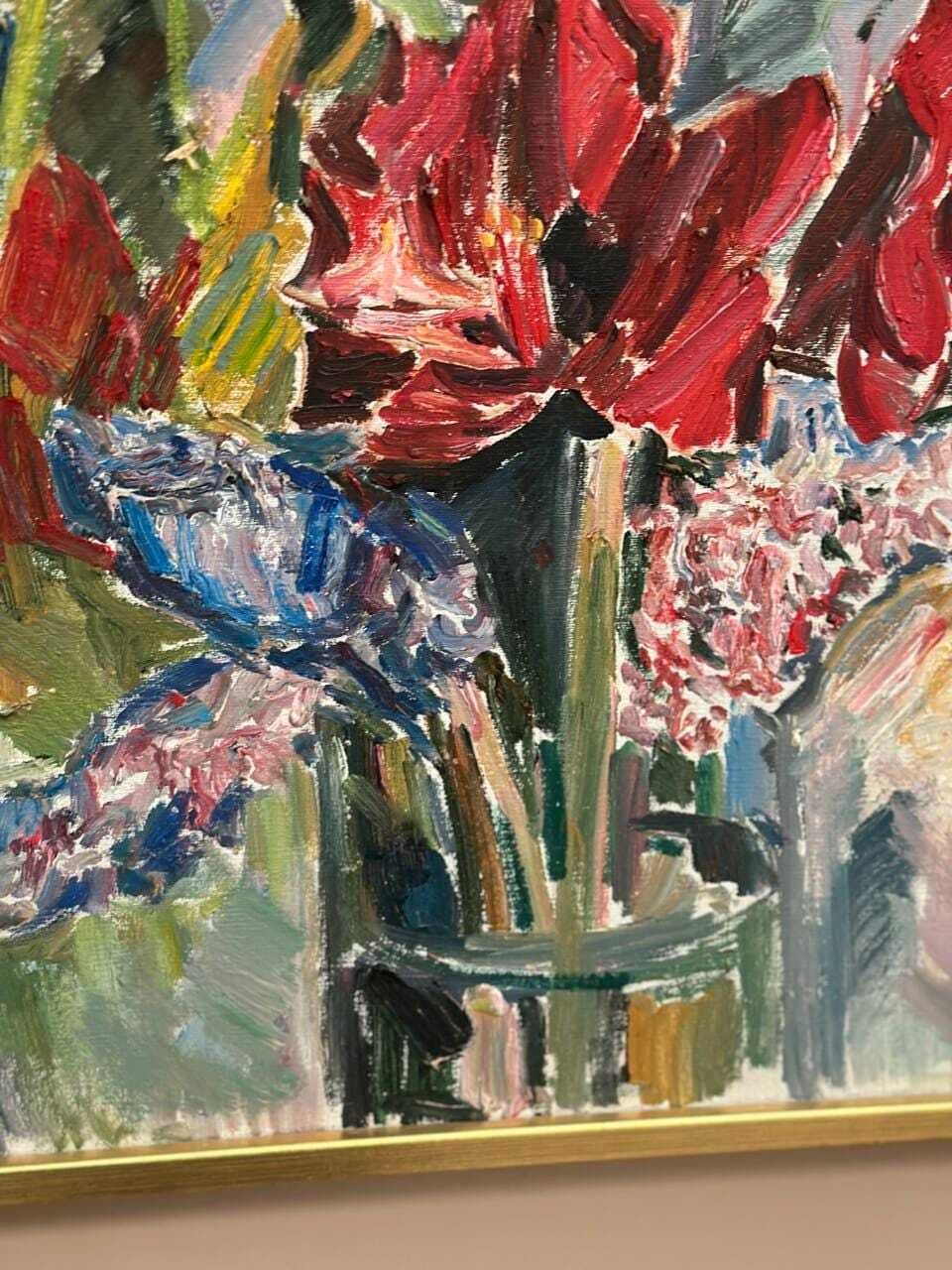 Original Swedish Oil On Canvas – “Amaryllis And Hyacinths” By Harry Thomander – Vintage & Framed – 64 × 65 Cm (25.2" × 25.6") photo for sale