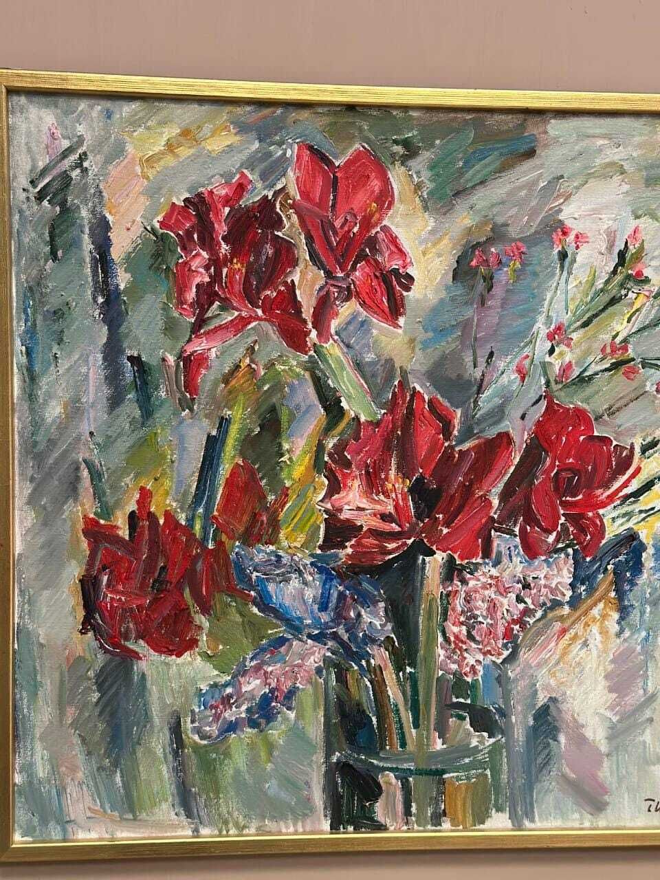 Original Swedish Oil On Canvas – “Amaryllis And Hyacinths” By Harry Thomander – Vintage & Framed – 64 × 65 Cm (25.2" × 25.6") photo Art