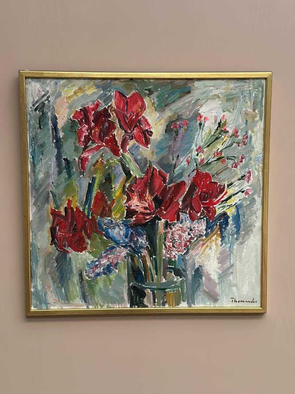 Original Swedish Oil On Canvas – “Amaryllis And Hyacinths” By Harry Thomander – Vintage & Framed – 64 × 65 Cm (25.2" × 25.6") photo 445.0