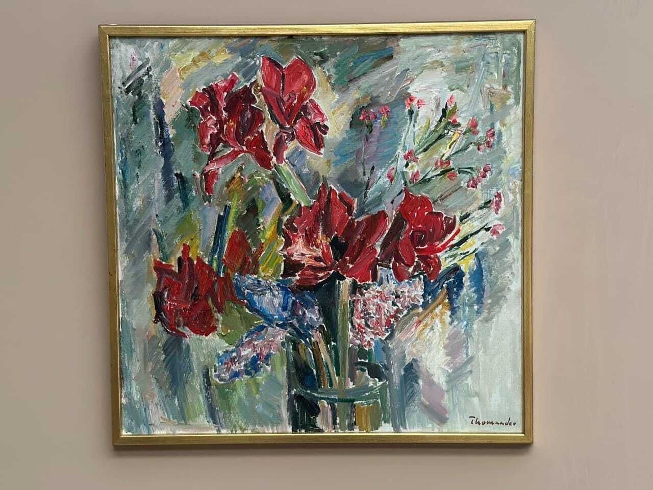 Original Swedish Oil On Canvas – “Amaryllis And Hyacinths” By Harry Thomander – Vintage & Framed – 64 × 65 Cm (25.2" × 25.6") photo vinterior