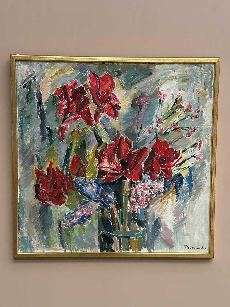 Original Swedish Oil On Canvas – “Amaryllis And Hyacinths” By Harry Thomander – Vintage & Framed – 64 × 65 Cm (25.2" × 25.6") photo vintage