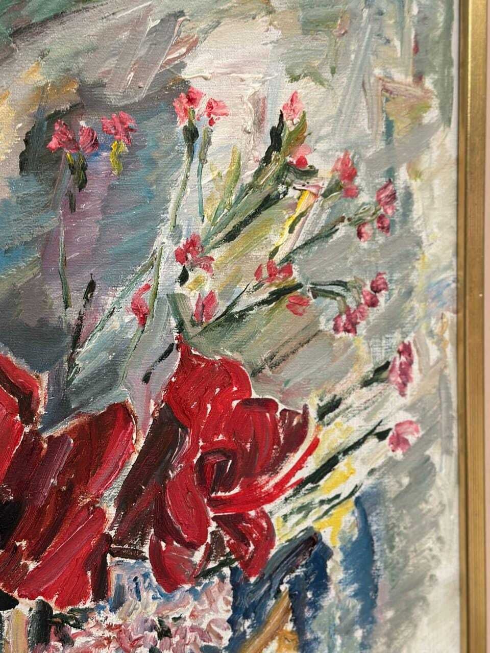 photo for sale Original Swedish Oil On Canvas – “Amaryllis And Hyacinths” By Harry Thomander – Vintage & Framed – 64 × 65 Cm (25.2" × 25.6")