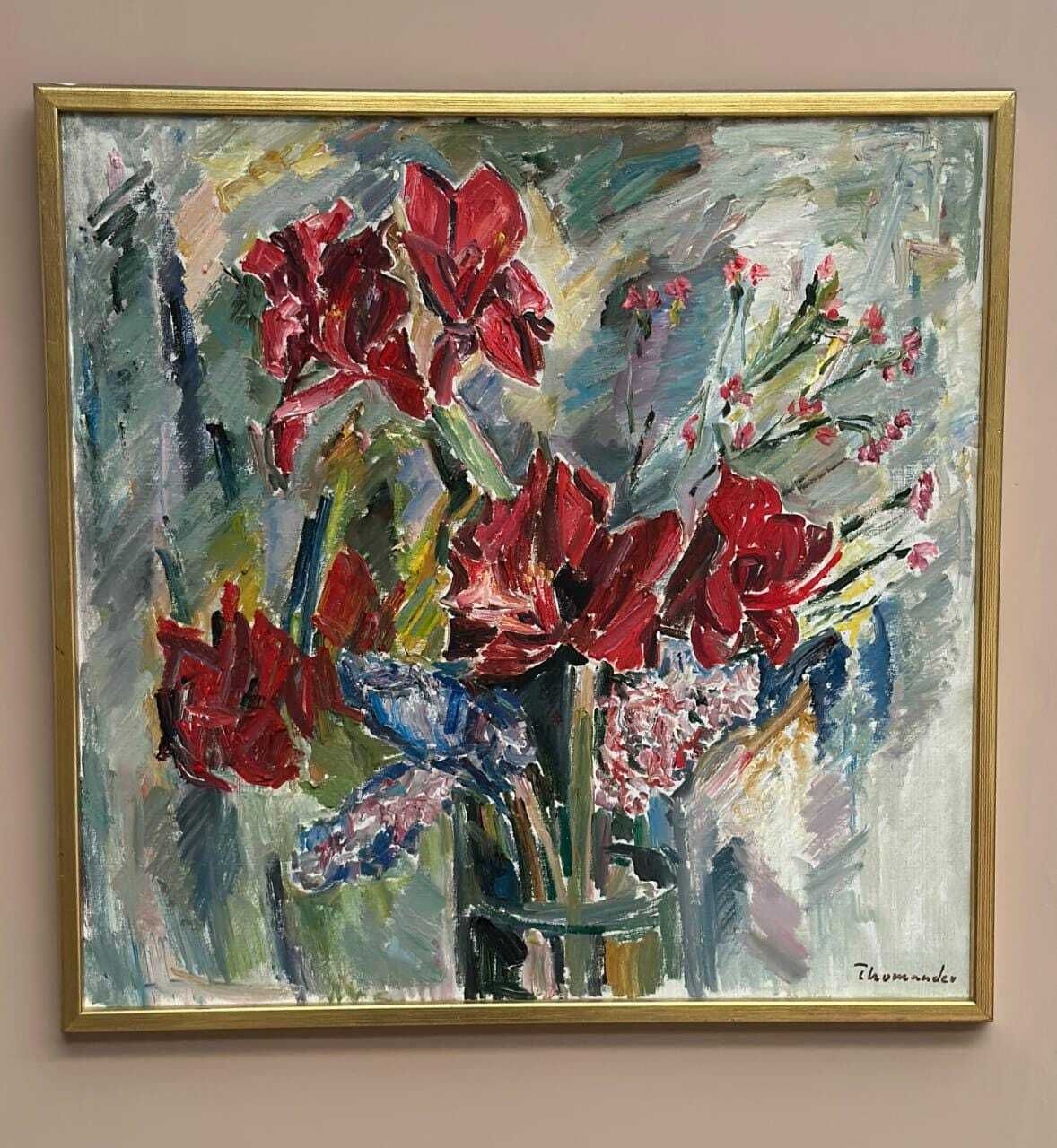 Art Original Swedish Oil On Canvas – “Amaryllis And Hyacinths” By Harry Thomander – Vintage & Framed – 64 × 65 Cm (25.2" × 25.6") photo