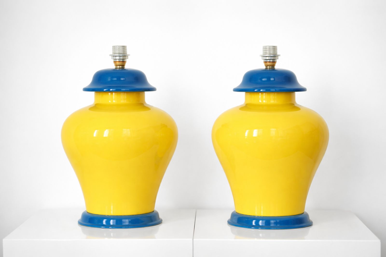 20th Century Pair Of French Glazed Ceramic, Table Lamps In Yellow & Cobalt Blue, Vintage Design photo buy