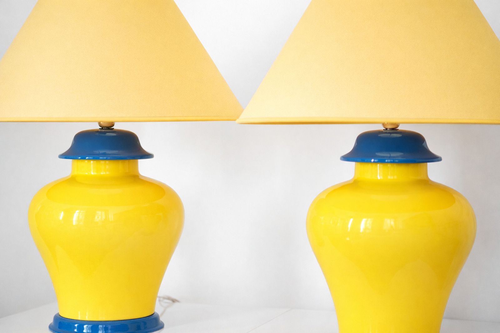 20th Century Pair Of French Glazed Ceramic, Table Lamps In Yellow & Cobalt Blue, Vintage Design photo furniture