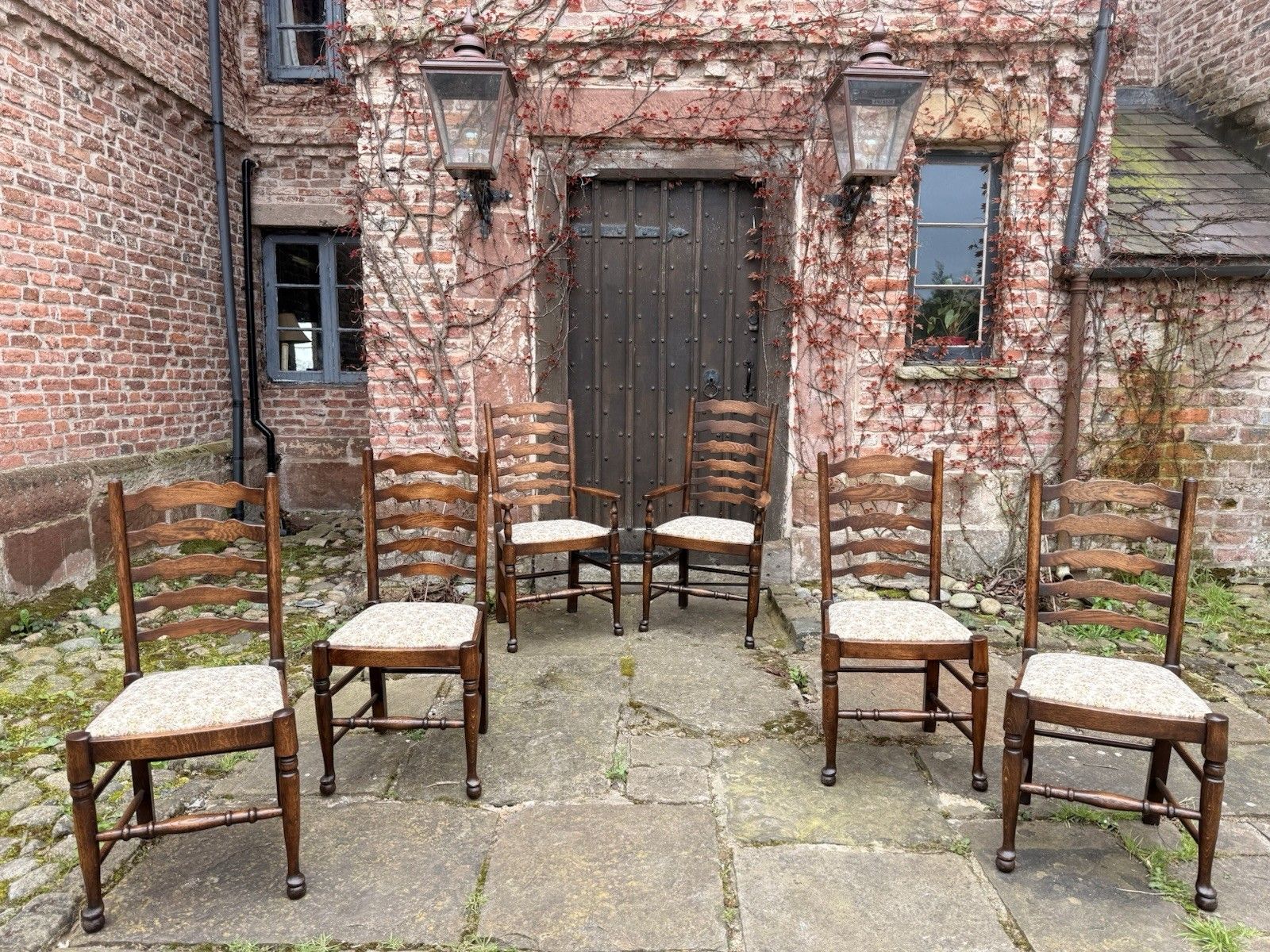 Set  6  Vintage Oak Ladder Back Rustic Farmhouse Dining Chairs W/ Elbow Chairs photo furniture