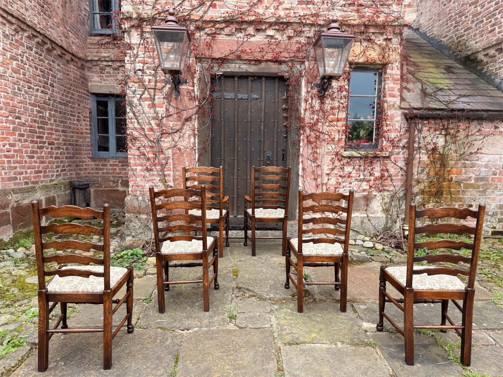 photo vintage Set  6  Vintage Oak Ladder Back Rustic Farmhouse Dining Chairs W/ Elbow Chairs
