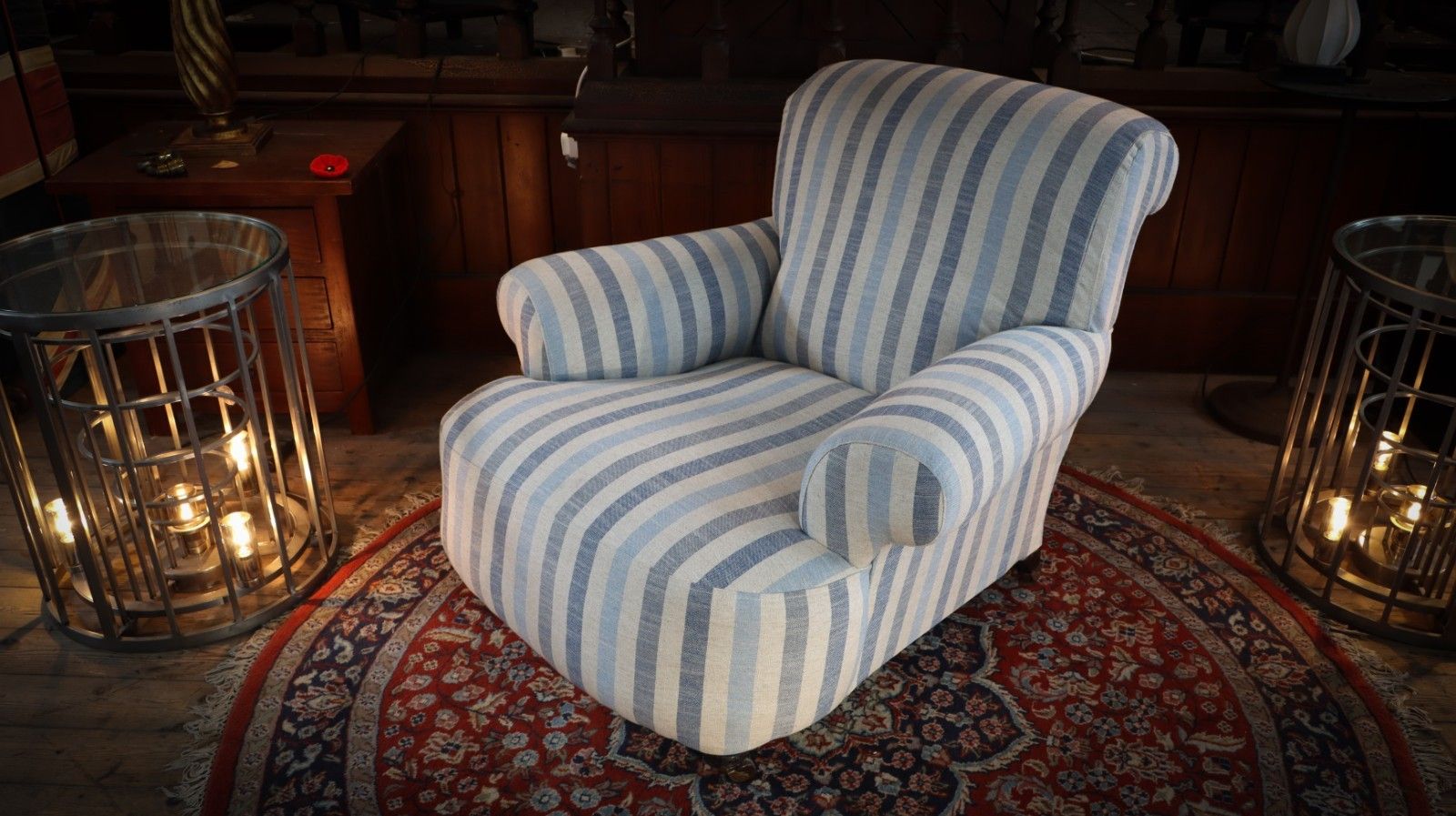 photo furniture Howard And Sons Club Style Armchair Colefax And Fowler Linen Stripes Blue White