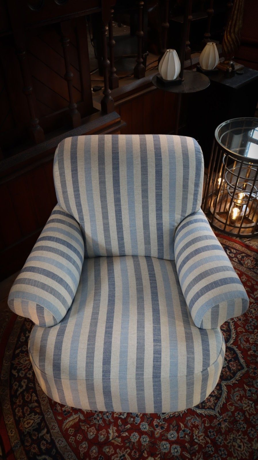 photo for sale Howard And Sons Club Style Armchair Colefax And Fowler Linen Stripes Blue White