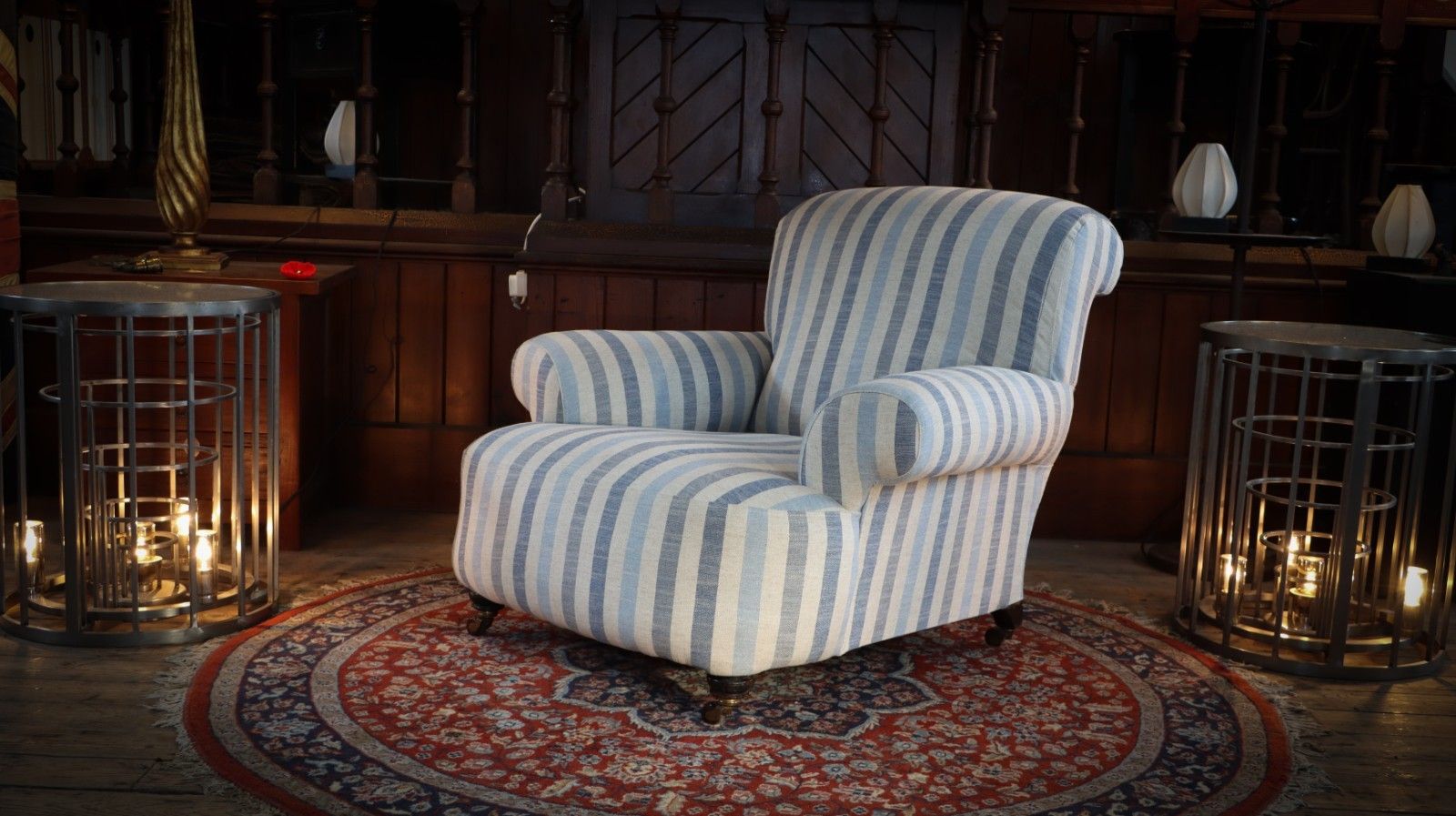 Furniture Howard And Sons Club Style Armchair Colefax And Fowler Linen Stripes Blue White photo