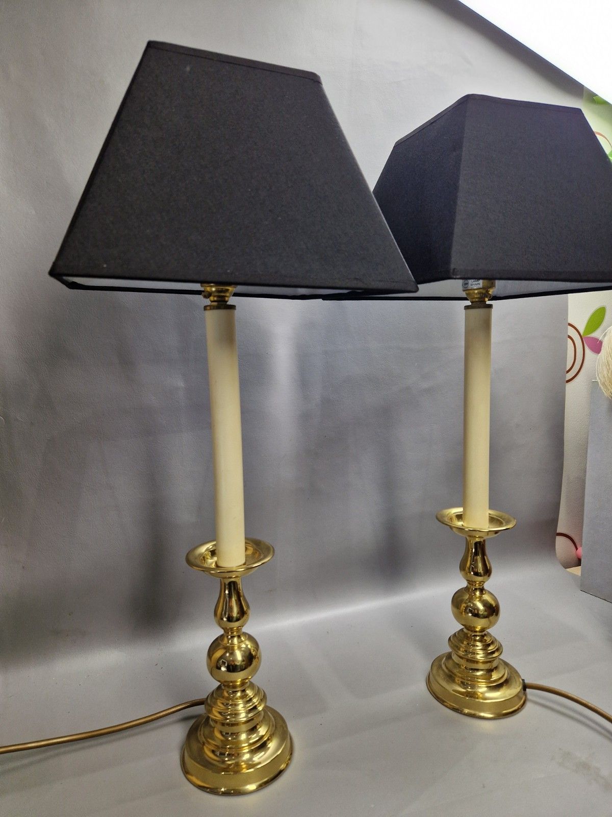 Vintage Pair Of Brass Tall Candlestick Table Lamps Black Shades Country House photo 145.0