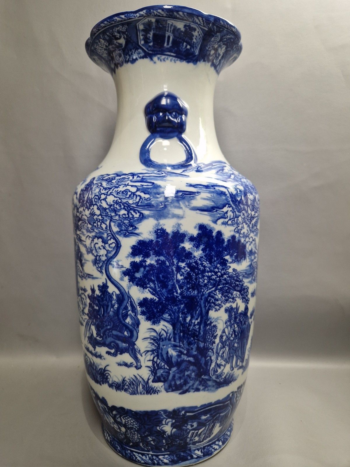 Tall Blue And White Vase Angels 5 Headed Serpent Very Decorative Marked P photo vintage