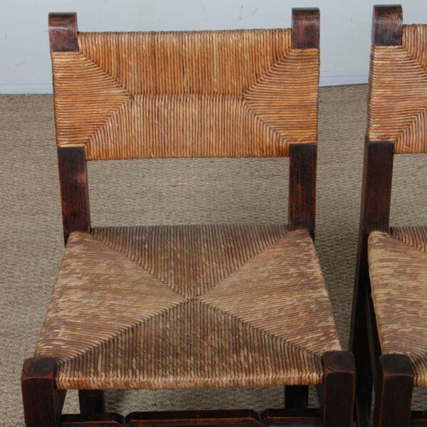 Set Of 4 Solid Wood Straw Seated Chairs, French Work, 1940 photo Furniture