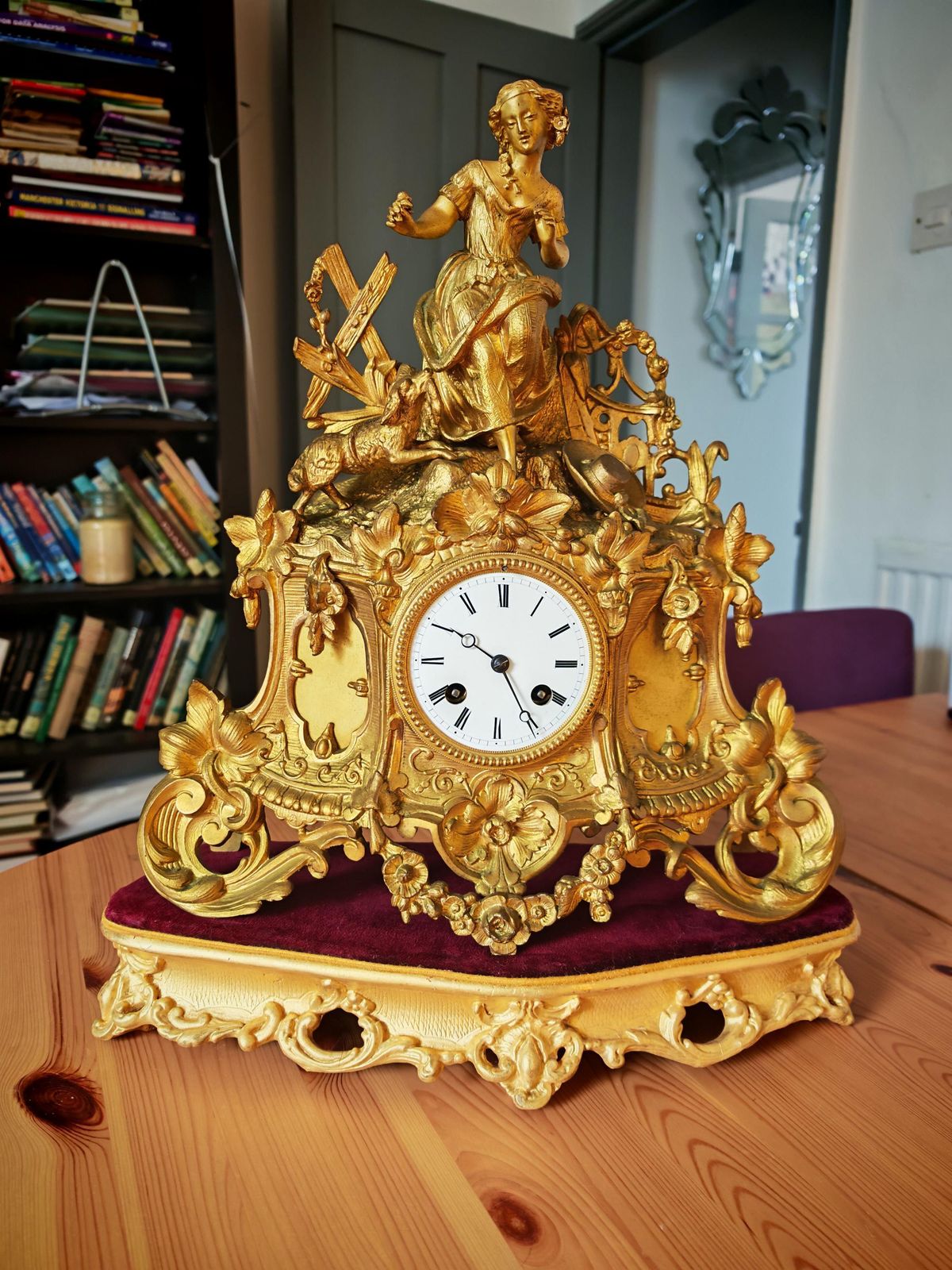 Home Decor Antique 19th Century Gilt Ormolu Pendulum Clock With Gilded And Burgundy Velvet Base. Restored. photo
