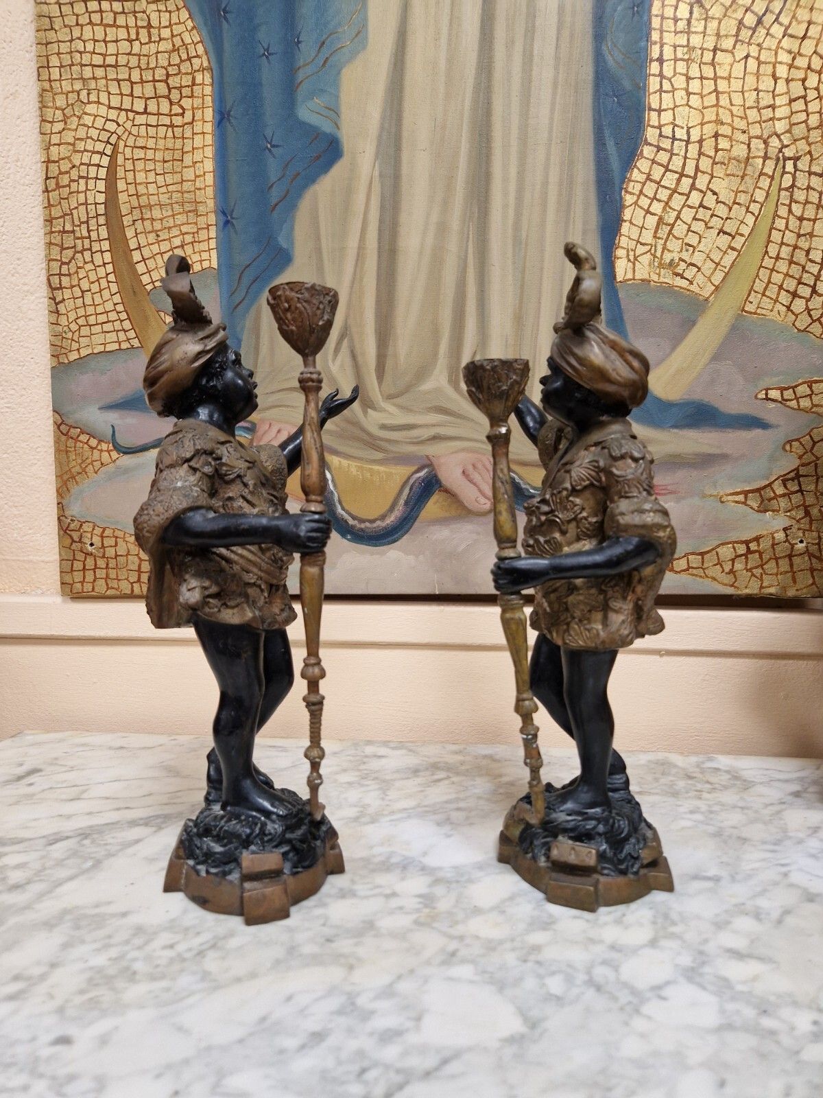 Pair Of Antique Candlesticks Bronze Venetian Sculptures photo vinterior