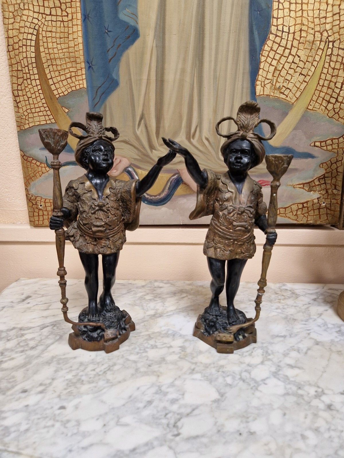 photo for sale Pair Of Antique Candlesticks Bronze Venetian Sculptures