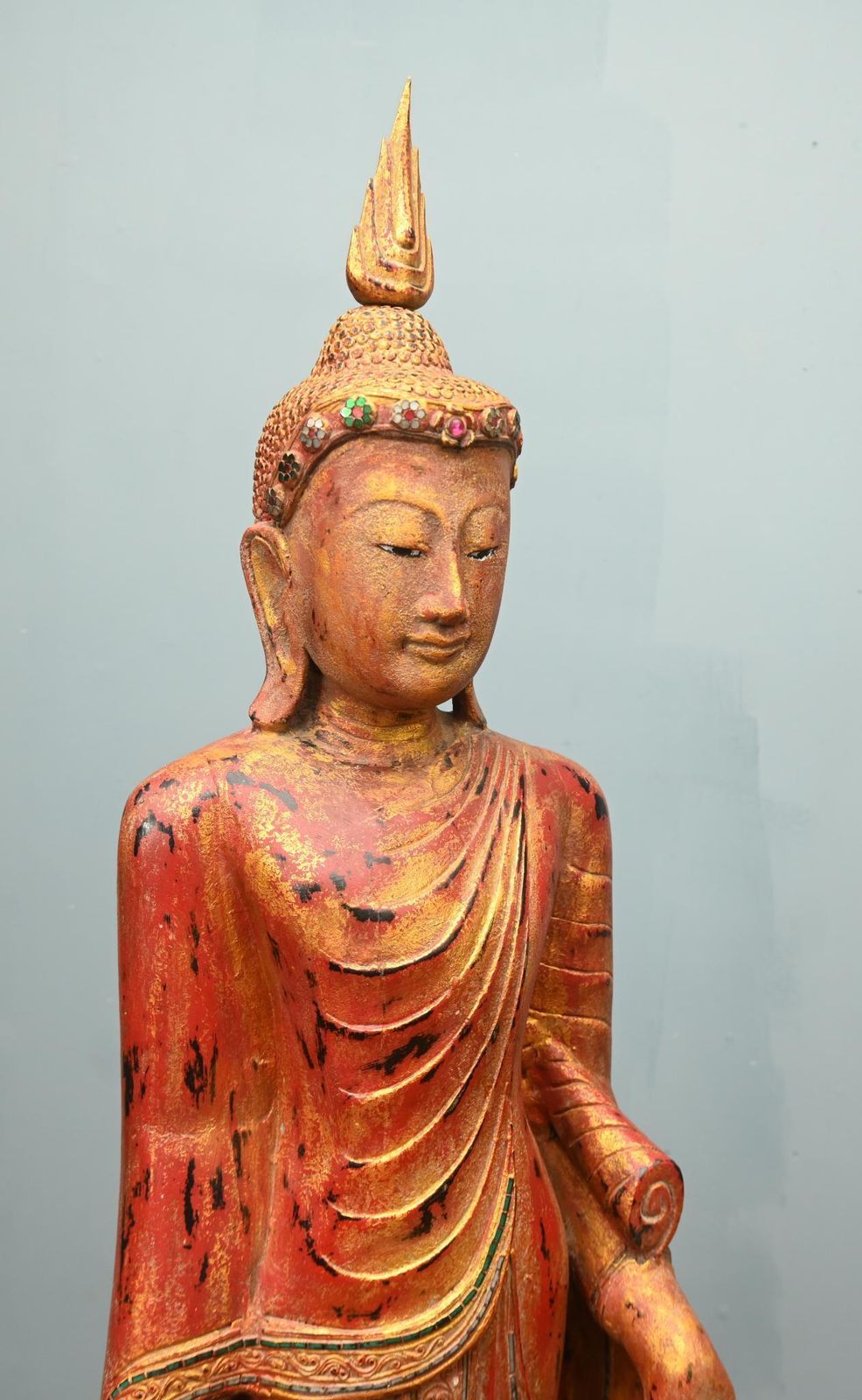 Carved Standing Burmese Buddha Statue Buddhist Art Mandalay photo for sale