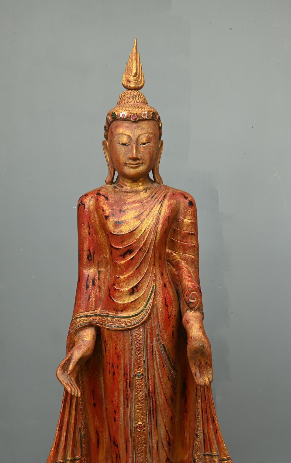 Carved Standing Burmese Buddha Statue Buddhist Art Mandalay photo vinterior