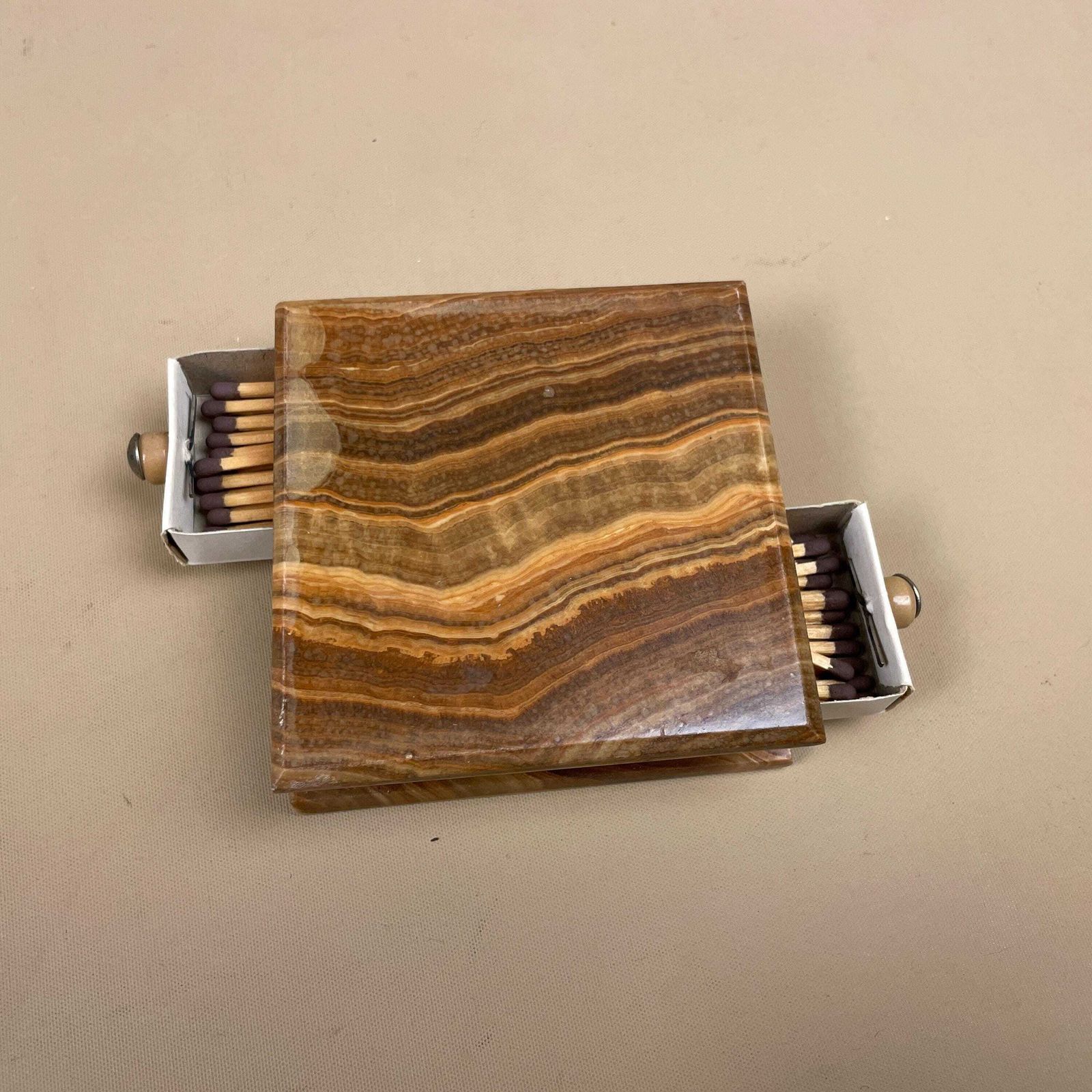 Onyx Marble Match Box Holder Vintage Carved Stone 2x Drawer Match Holder Brown Mid Century Desk Table Display