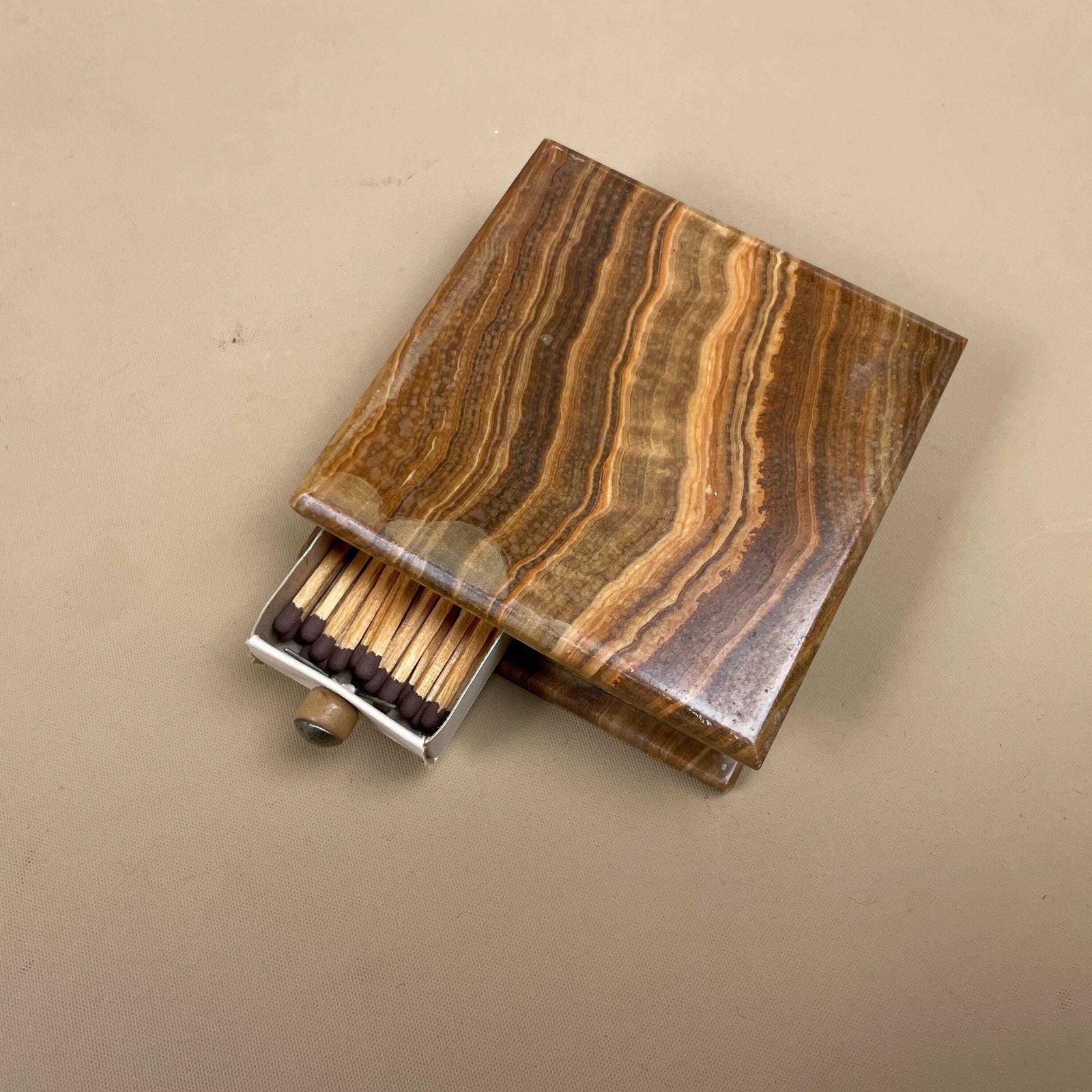 Onyx Marble Match Box Holder Vintage Carved Stone 2x Drawer Match Holder Brown Mid Century Desk Table Display photo for sale