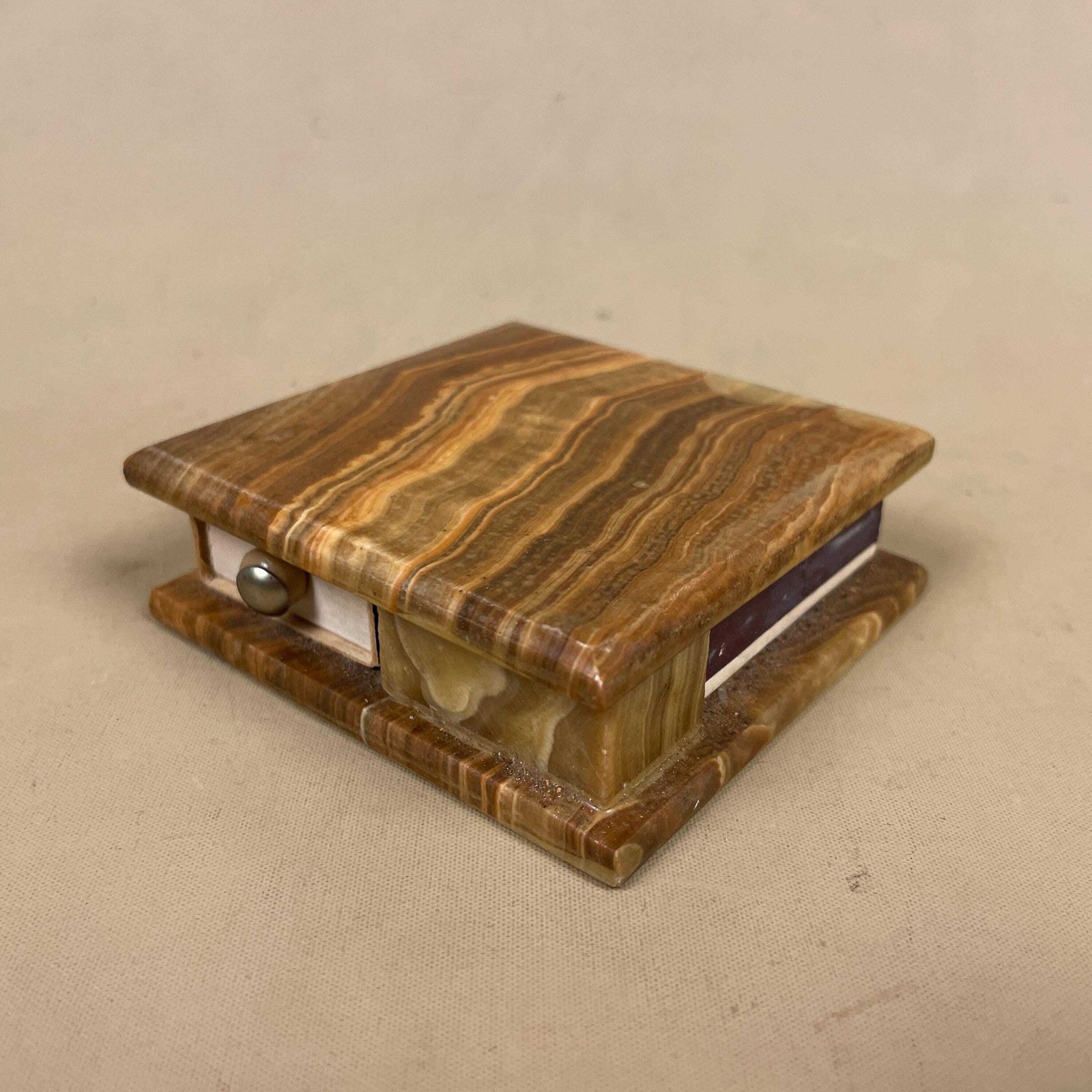 Onyx Marble Match Box Holder Vintage Carved Stone 2x Drawer Match Holder Brown Mid Century Desk Table Display photo vinterior