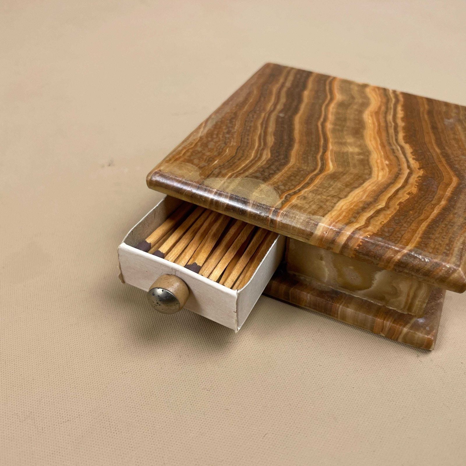 Onyx Marble Match Box Holder Vintage Carved Stone 2x Drawer Match Holder Brown Mid Century Desk Table Display photo vintage