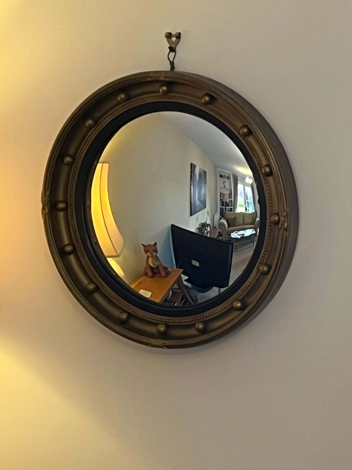 Round Convex Wall Mirror Ribbon And Ball Detail Regency Style 18.4 Inch, Ca 1925 photo vinterior