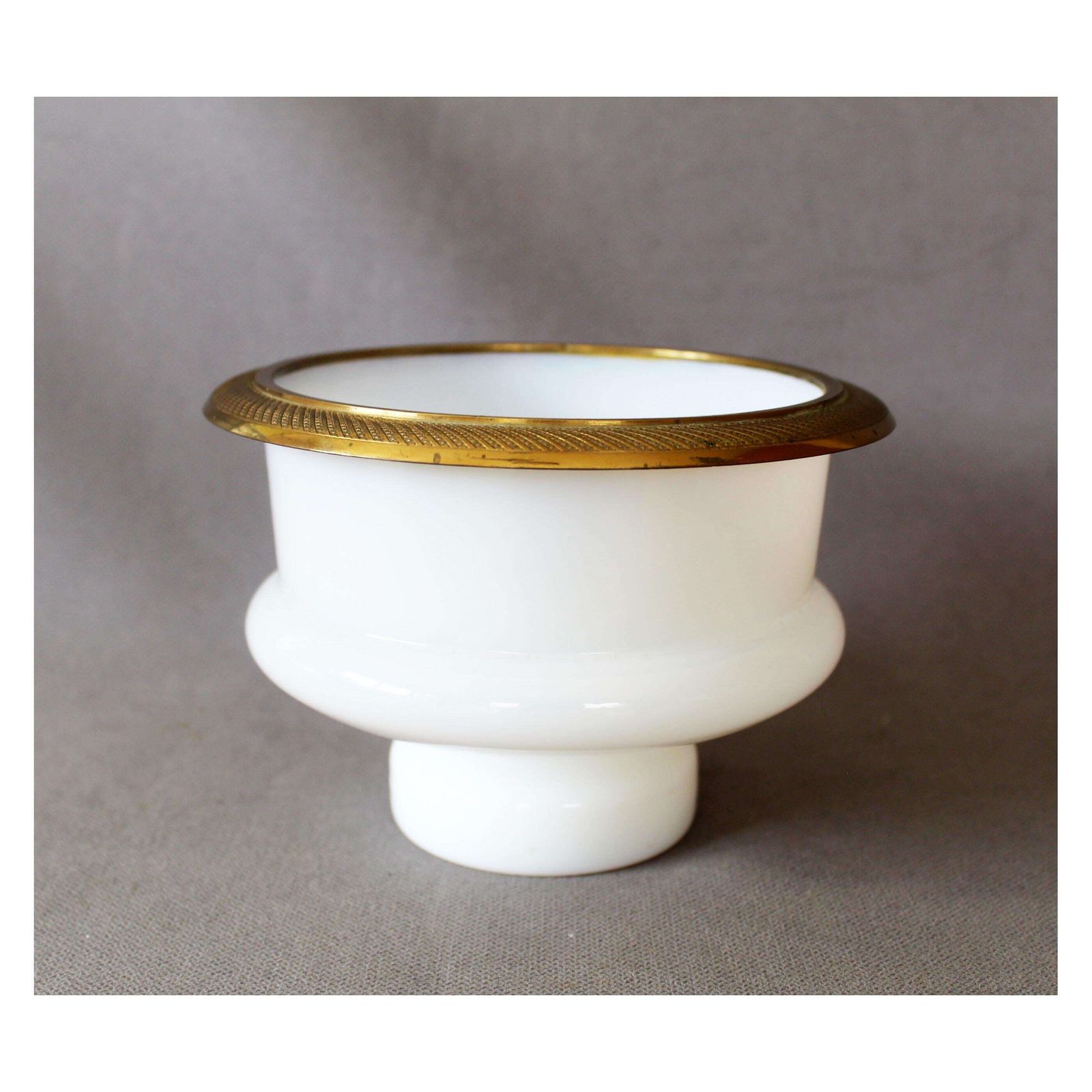 Large Antique White Opaline Glass Bowl, Brass Engraved Ormolu Gild Color Rim, Art Glass, Orange Tint, Pedestal, Centerpiece, Ice Bowl photo vinterior