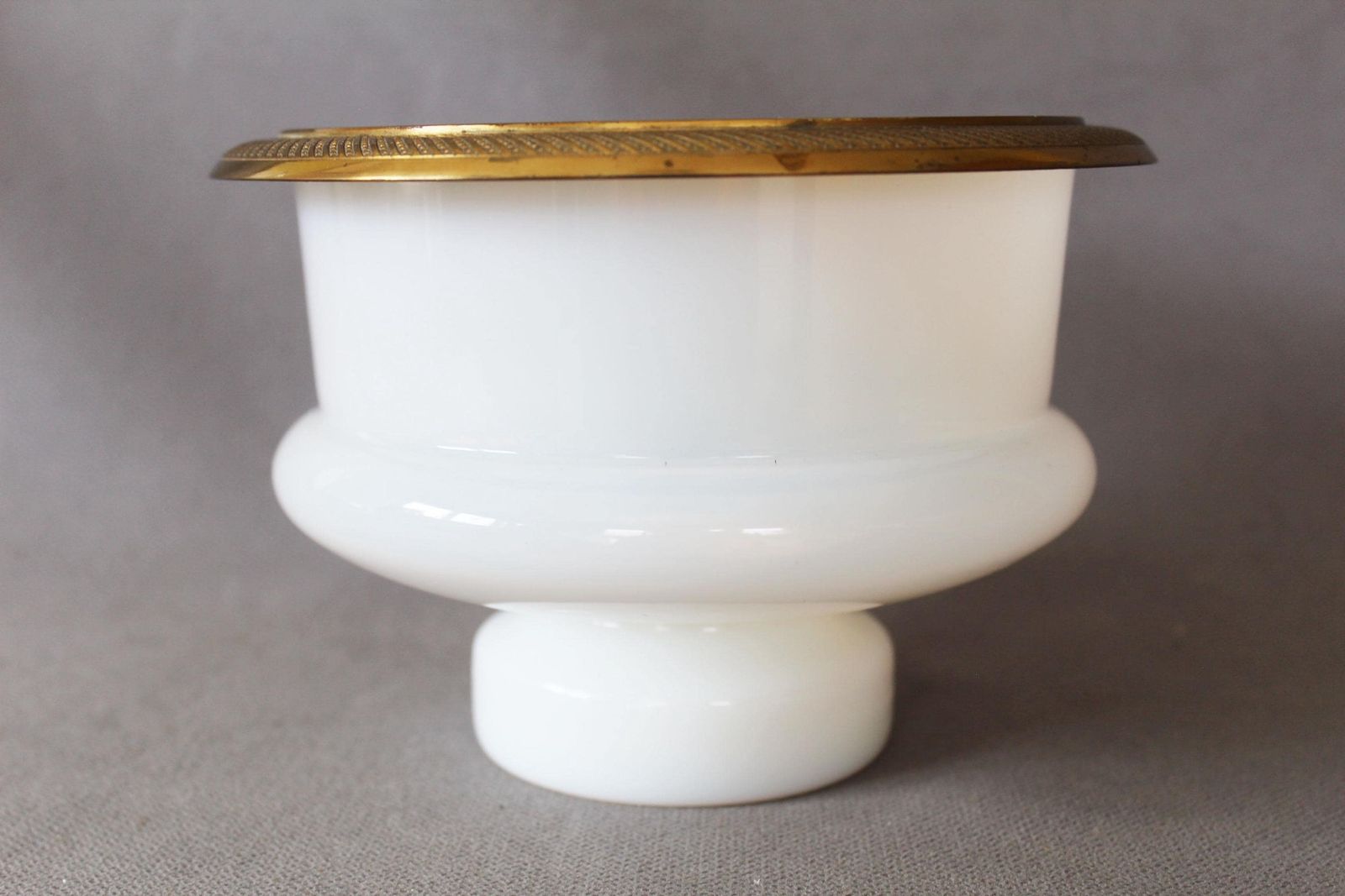 photo for sale Large Antique White Opaline Glass Bowl, Brass Engraved Ormolu Gild Color Rim, Art Glass, Orange Tint, Pedestal, Centerpiece, Ice Bowl