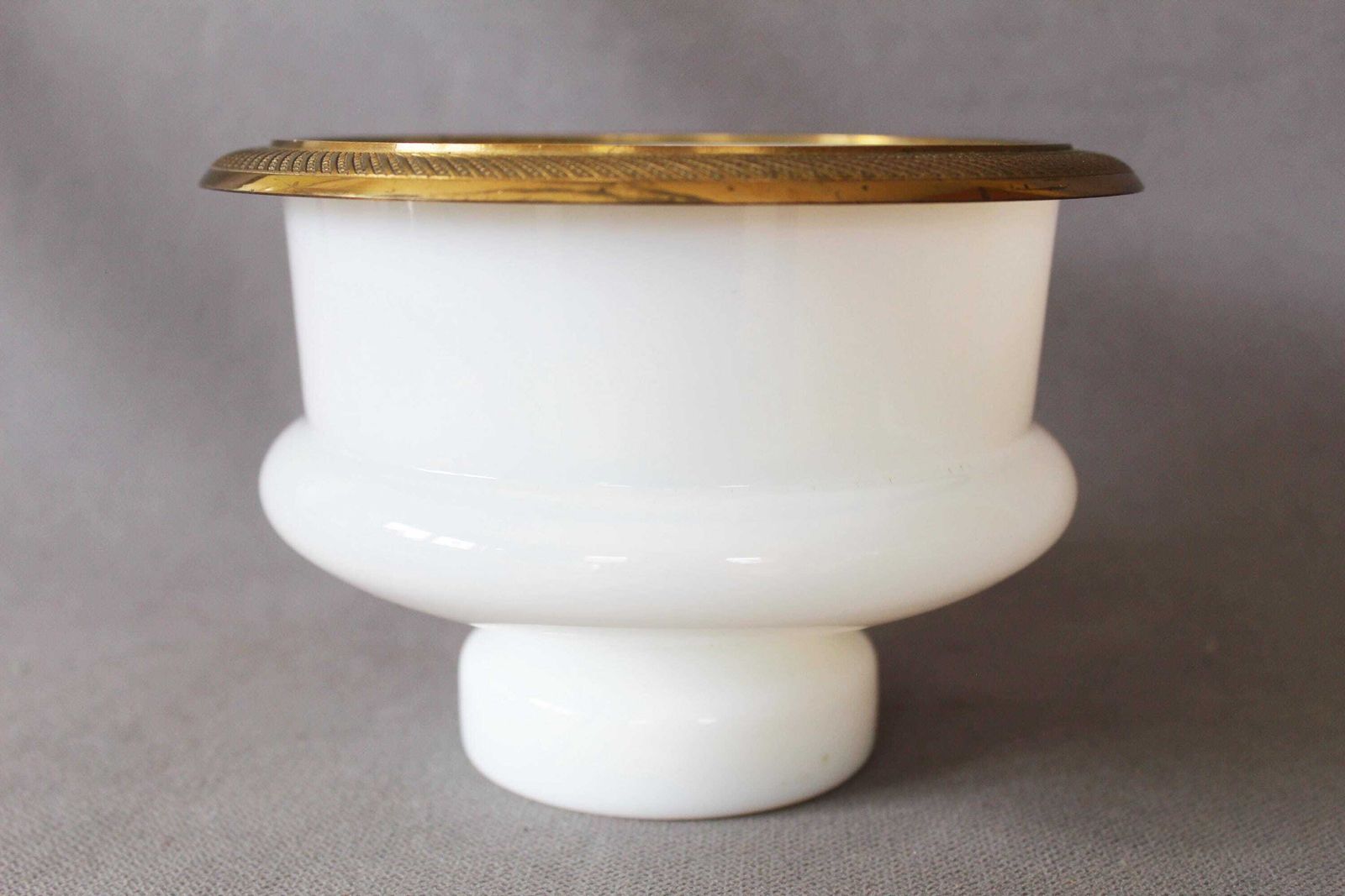 179.0 Large Antique White Opaline Glass Bowl, Brass Engraved Ormolu Gild Color Rim, Art Glass, Orange Tint, Pedestal, Centerpiece, Ice Bowl photo