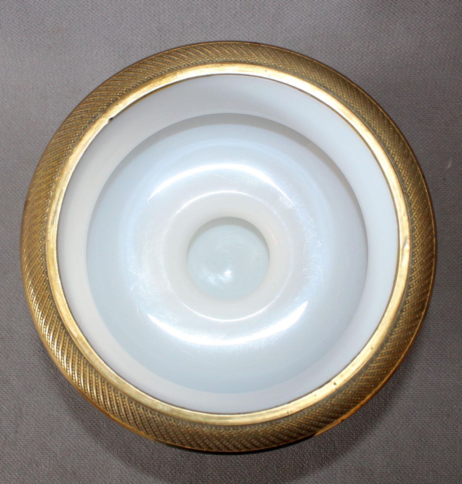 photo buy Large Antique White Opaline Glass Bowl, Brass Engraved Ormolu Gild Color Rim, Art Glass, Orange Tint, Pedestal, Centerpiece, Ice Bowl