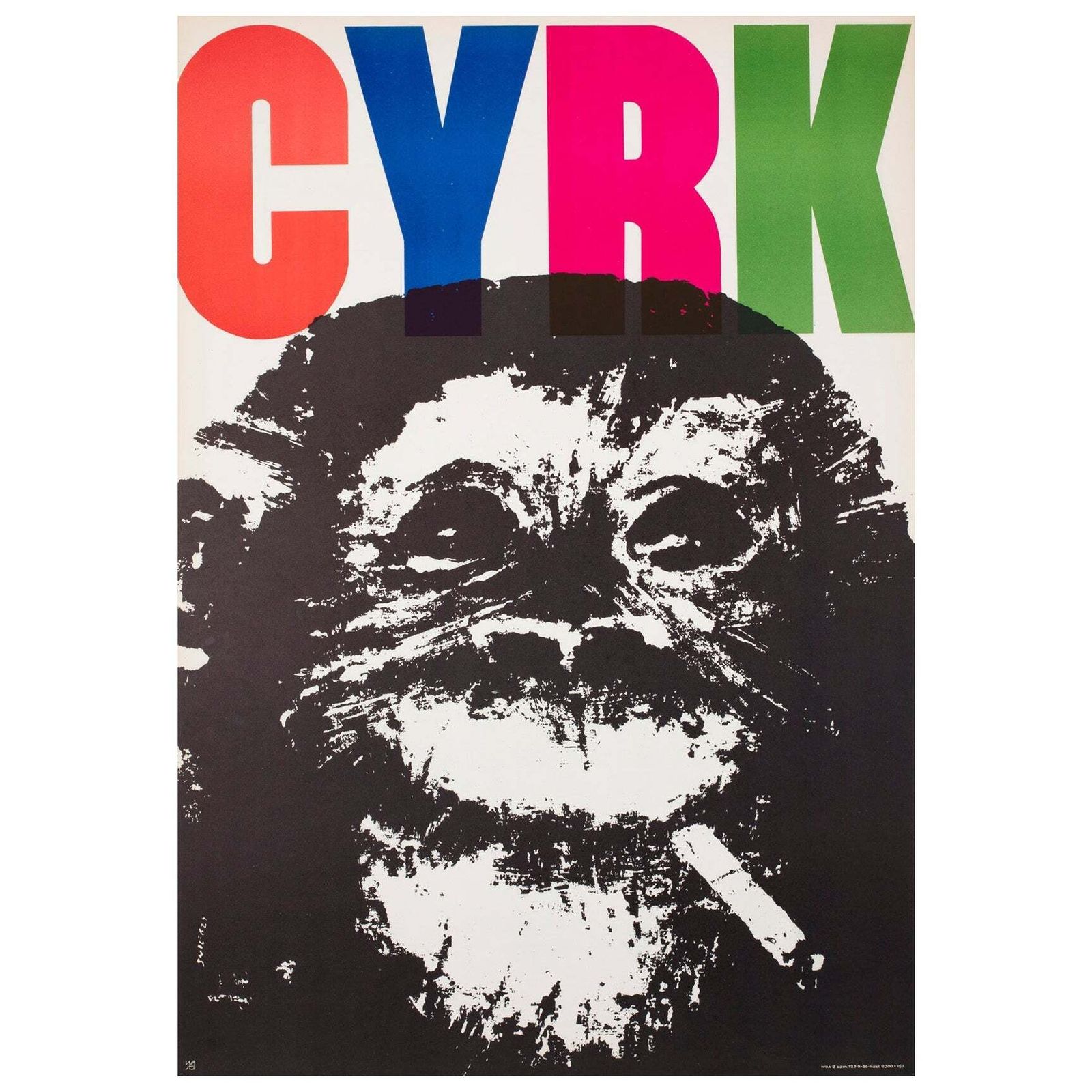 Affiche de cirque polonaise Cyrk, Chimpanzé fumeur, 1964, B1, par Waldemar Swierzy