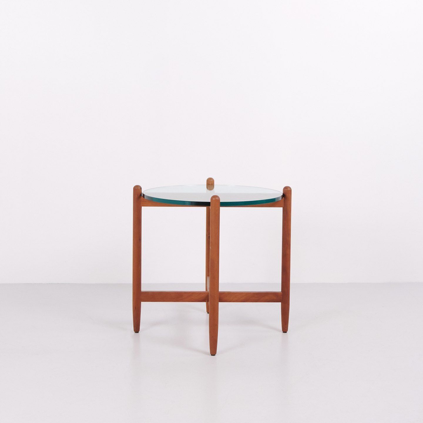 Side Table With Round Glass Top In Cherry Wood, Swedish Design In The Style Of Hans Johansson, 1960s photo for sale