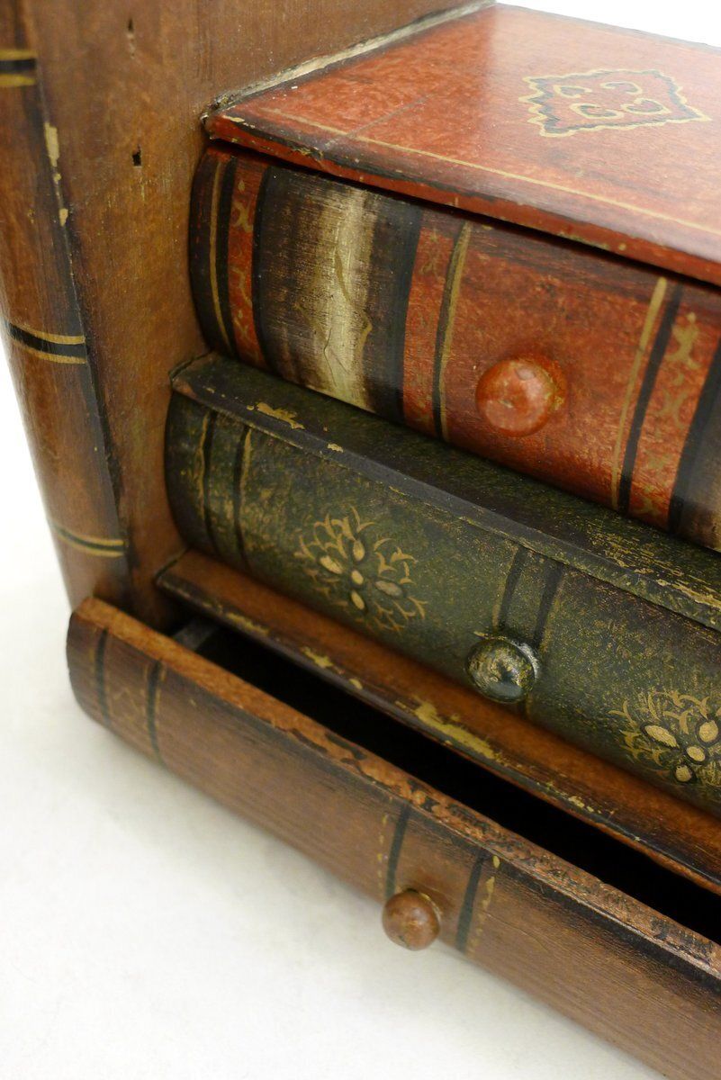 photo furniture Wood Bookends With Secret Boxes In Trompe L'oeil Of Stacked Books, 1980s, Set Of 2