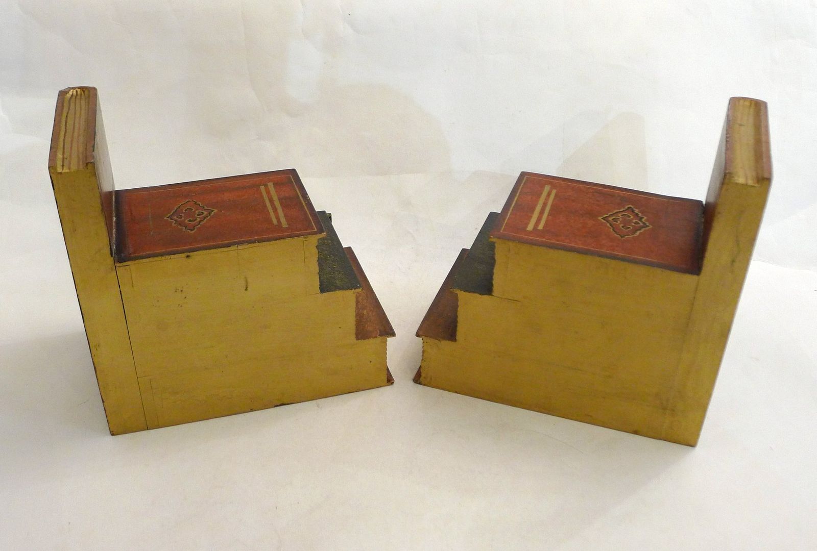 photo for sale Wood Bookends With Secret Boxes In Trompe L'oeil Of Stacked Books, 1980s, Set Of 2