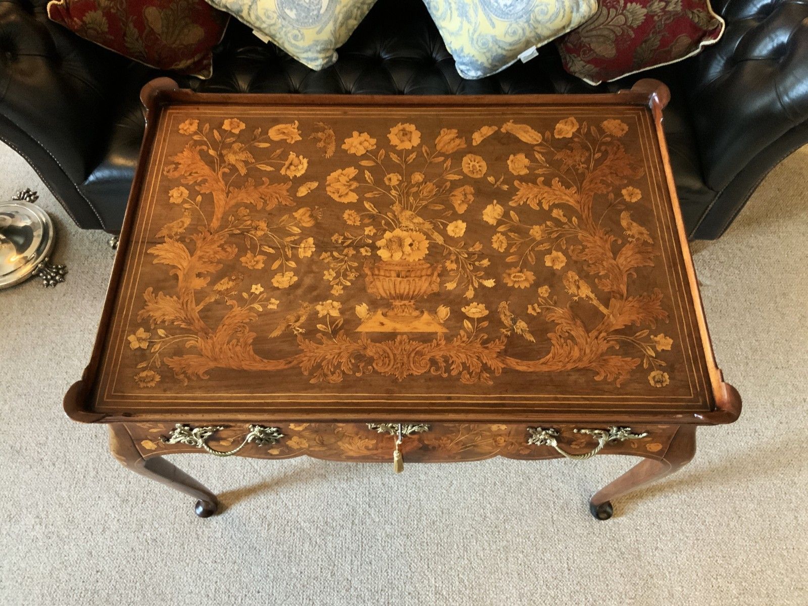 18th Century Dutch Marquetry Silver Top Table Flowers & Birds Rococo Queen Anne photo for sale