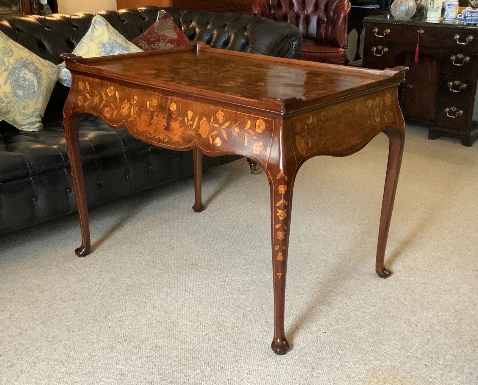 18th Century Dutch Marquetry Silver Top Table Flowers & Birds Rococo Queen Anne photo vinterior