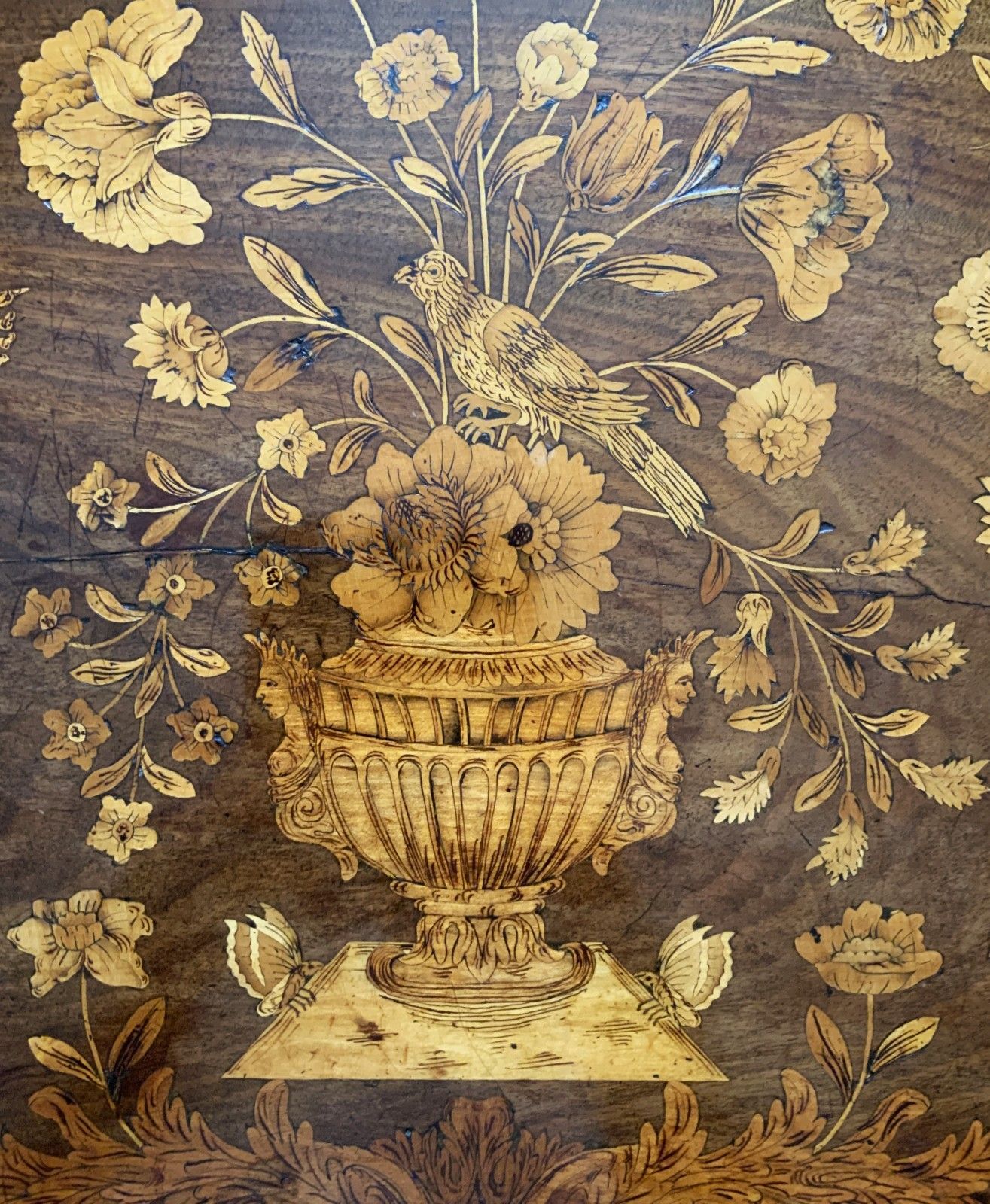 photo furniture 18th Century Dutch Marquetry Silver Top Table Flowers & Birds Rococo Queen Anne