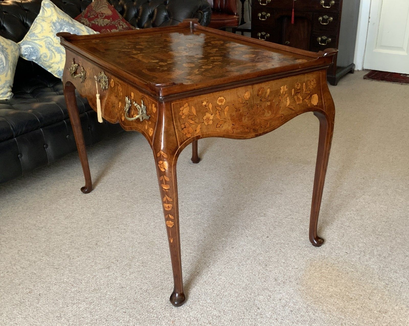 photo buy 18th Century Dutch Marquetry Silver Top Table Flowers & Birds Rococo Queen Anne