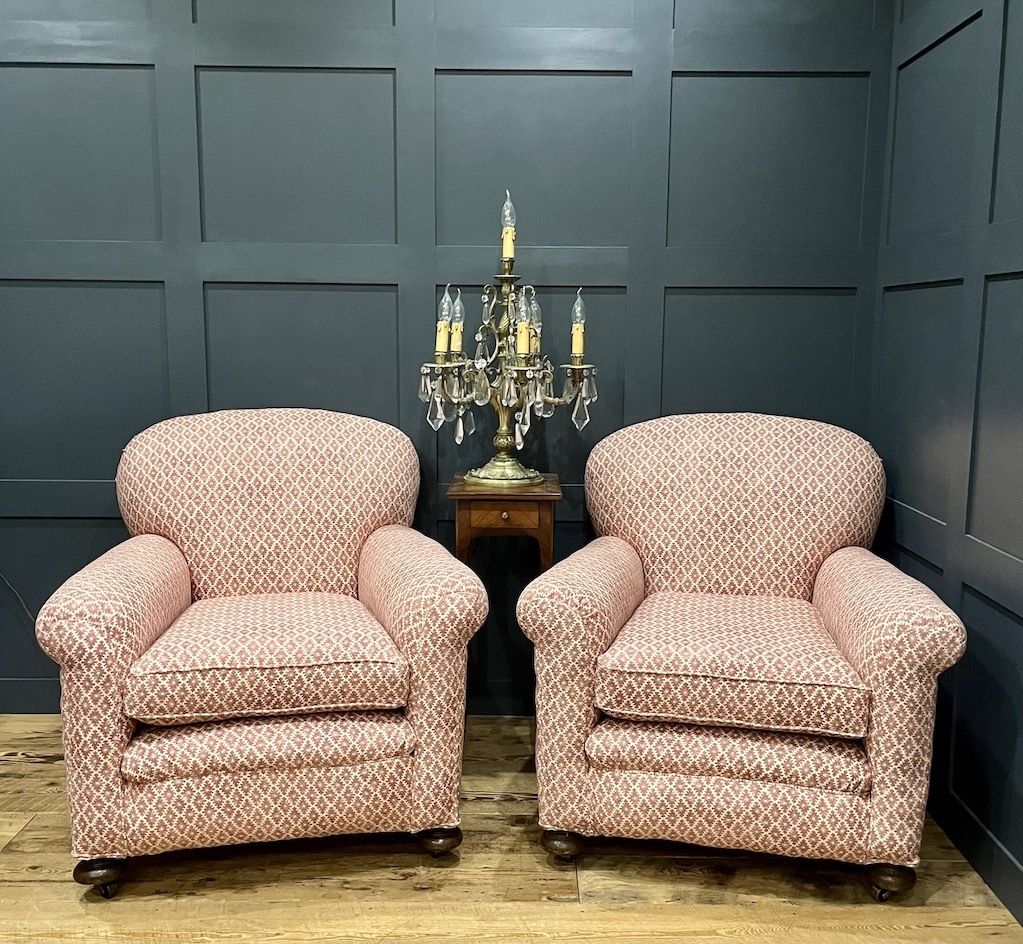 A Rare Pair Of Antique English Howard Style Salon Armchairs
