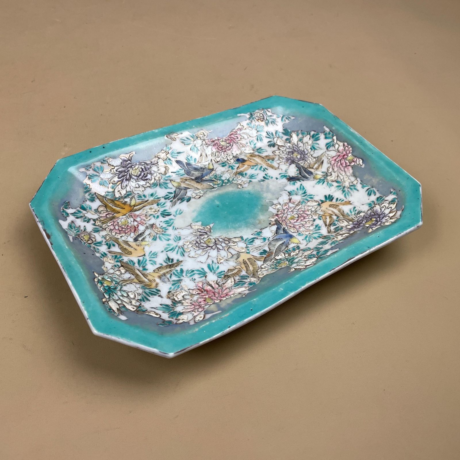 Japanese Bird Floral Octagonal Plate Hand Painted Kutani Style Green Dish Ceramic Porcelain photo furniture