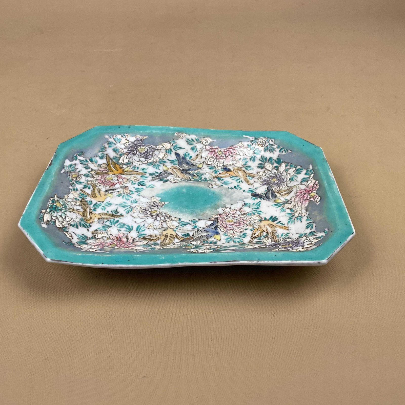 Japanese Bird Floral Octagonal Plate Hand Painted Kutani Style Green Dish Ceramic Porcelain photo Home Decor