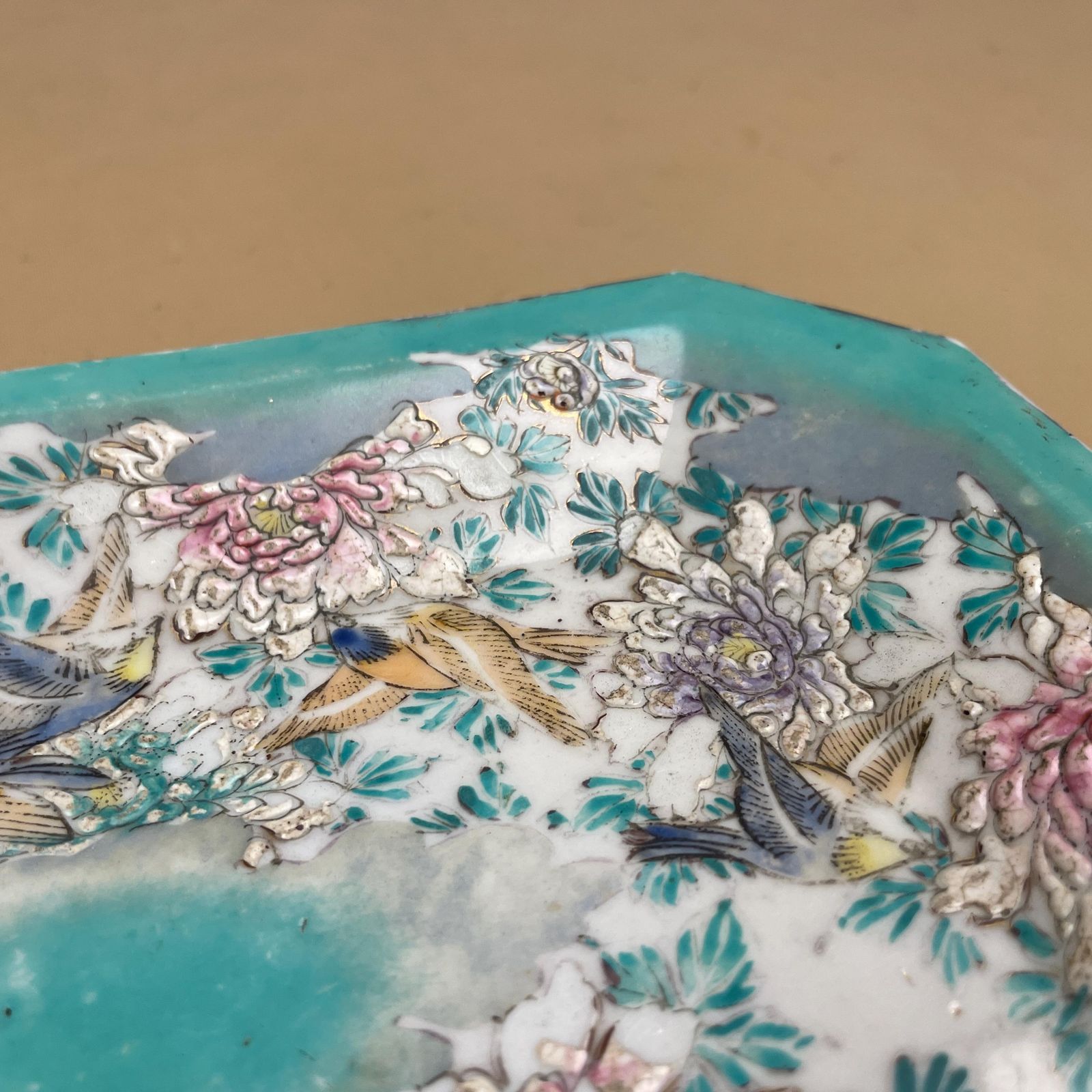 Japanese Bird Floral Octagonal Plate Hand Painted Kutani Style Green Dish Ceramic Porcelain photo buy