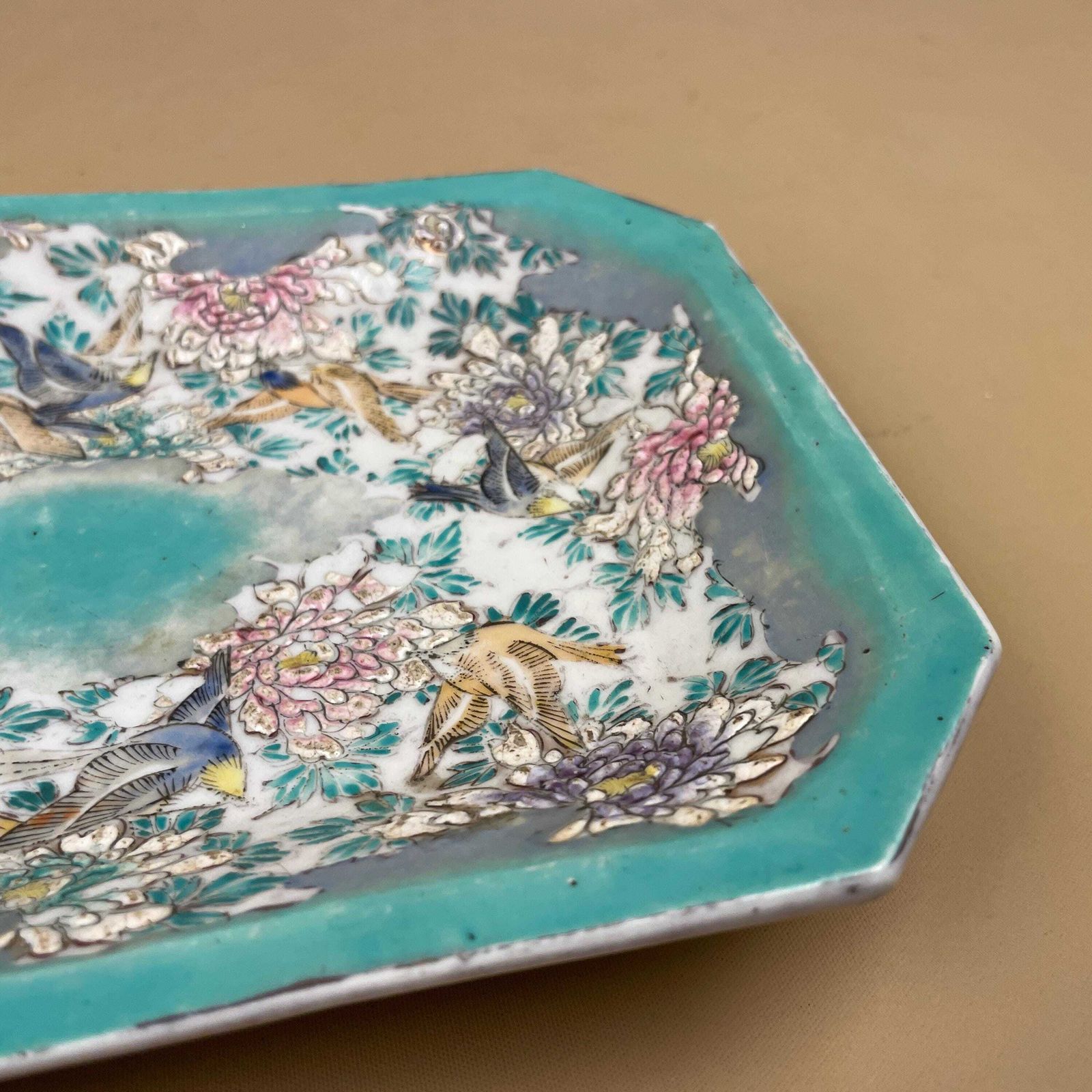 photo furniture Japanese Bird Floral Octagonal Plate Hand Painted Kutani Style Green Dish Ceramic Porcelain
